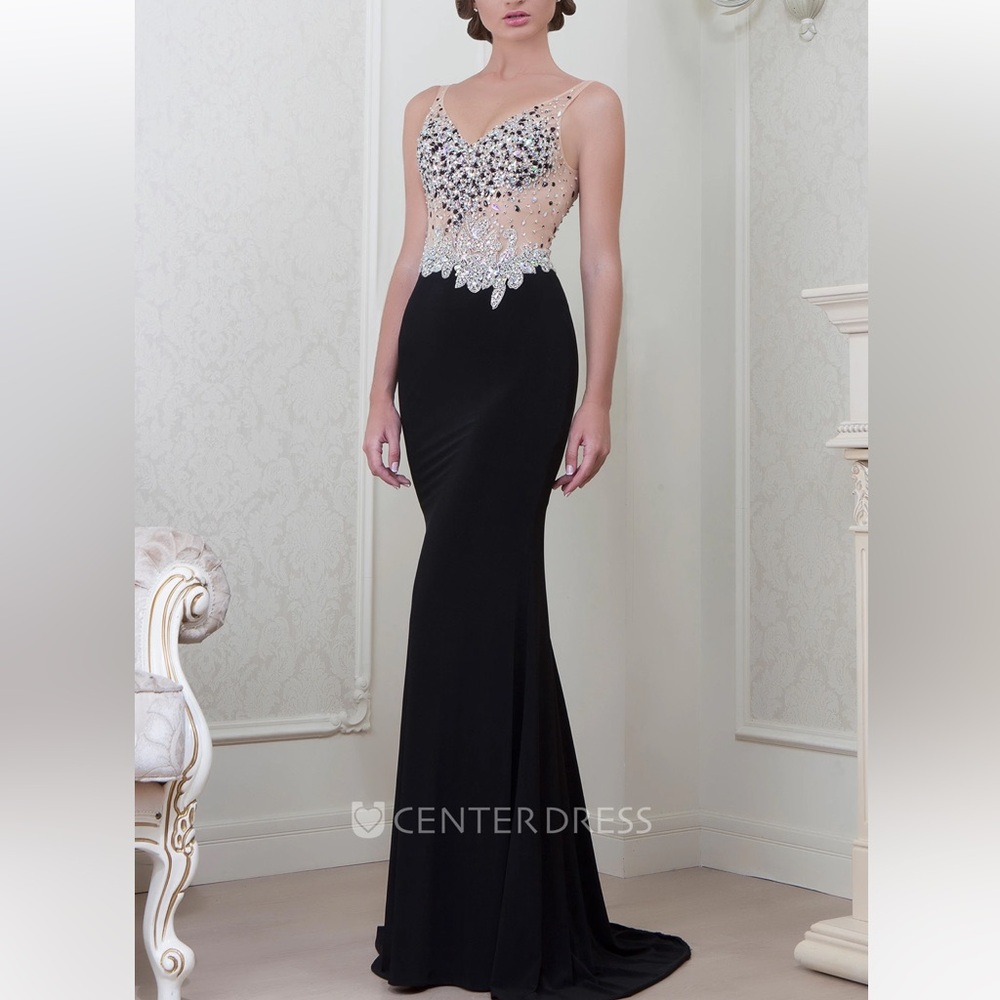 Beyond Sheath Crystal Sleeveless V-Neck Long Evening Dress
